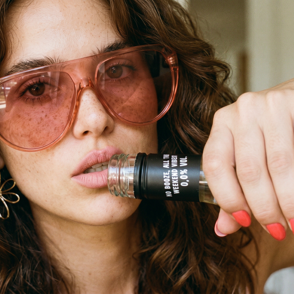 a JOMO member drinking a bottle of buen finde alcohol free white wine